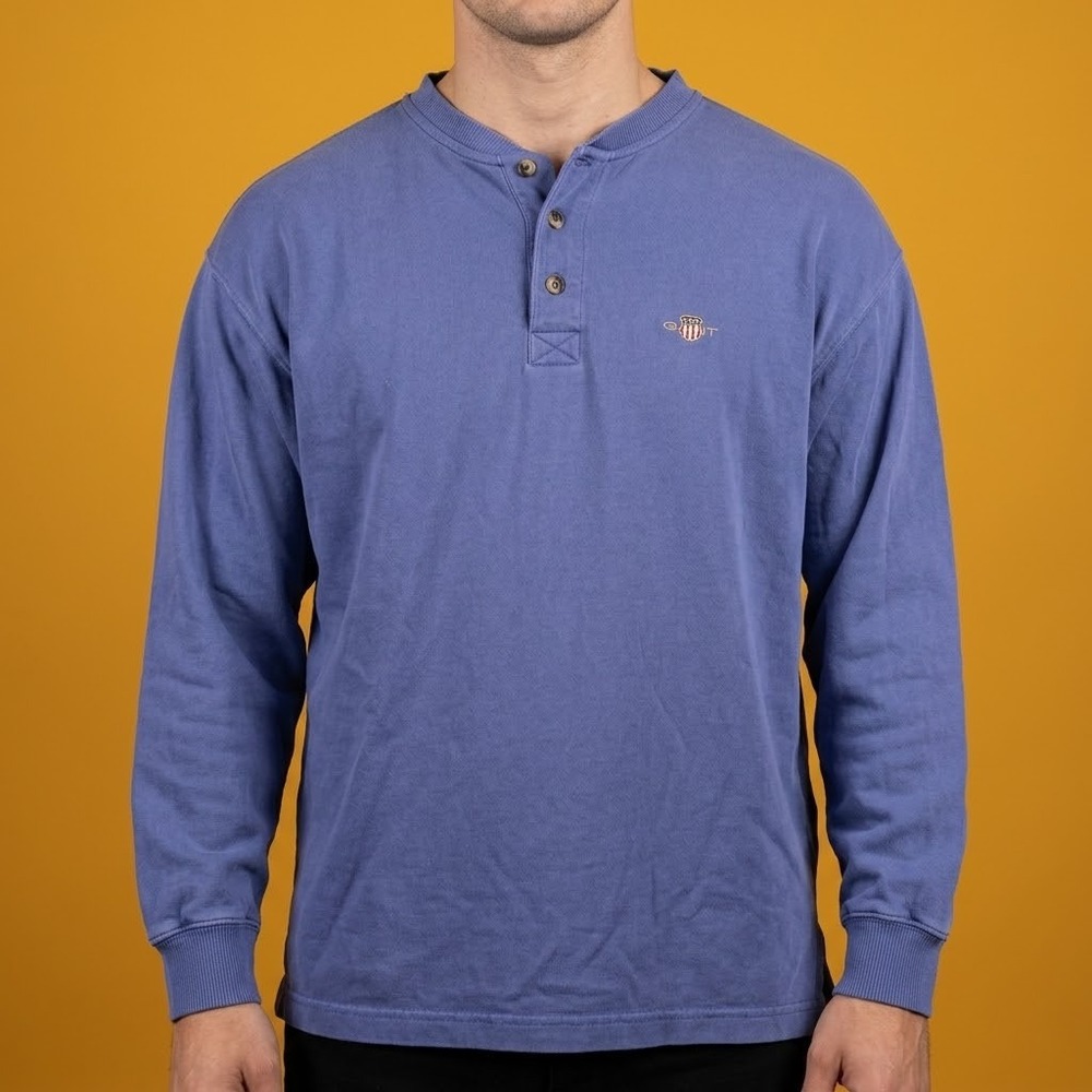 Vintage GANT USA Henley Sweatshirt Mens Medium Blue Cotton Logo